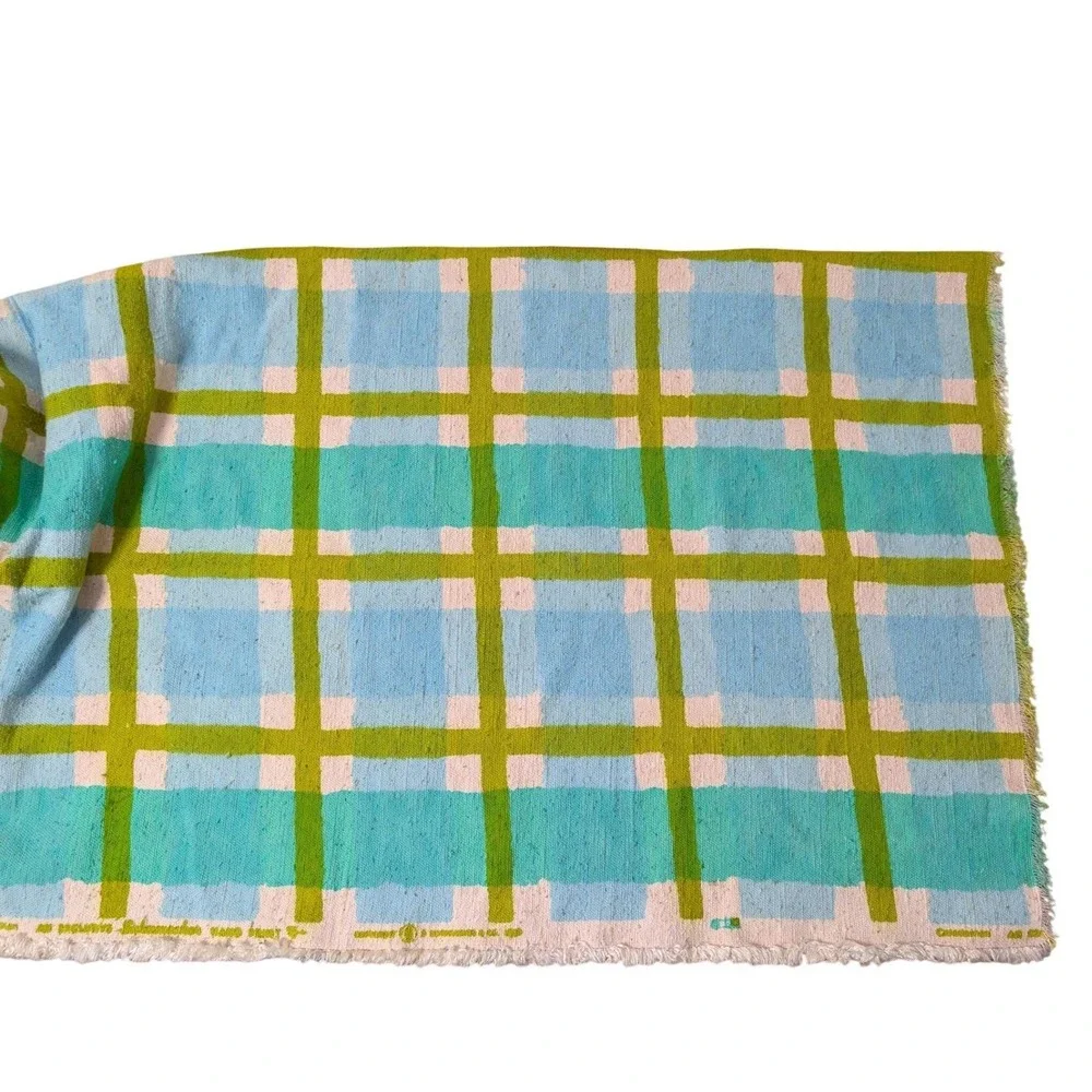 Vintage Schumacher Hand Print Plaid Fabric Blue Lime Green 1.25 Yards 56